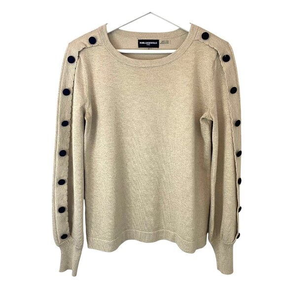 Karl Lagerfeld Gold Metallic Sweater Featuring Scalloped Puff Button Sleeves XS - Picture 2 of 10